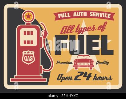 Gas filling station vintage banner for car service template. Retro petrol pump grunge poster with old automobile, ribbon banner and star for fuel stat Stock Vector