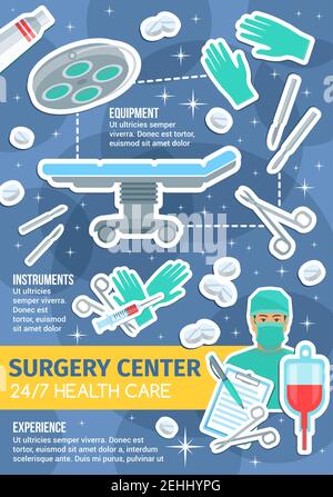 Surgery medical center or clinic service poster. Vector flat design of surgeon operation table, scissors or scalpel and blood transfusion dropper, sur Stock Vector