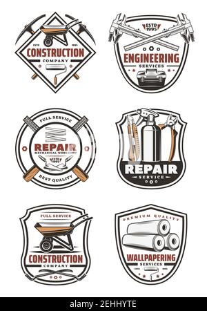 Construction company vintage symbol for house repair, engineering and wallpapering service design. Work tool retro shield badge with trowel, wheelbarr Stock Vector