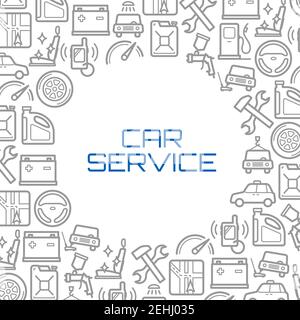 Car service poster or auto parts and spare parts thin line icons. Vector car mechanics design of motor engine and wheel tires, exhaust pipe and windsh Stock Vector