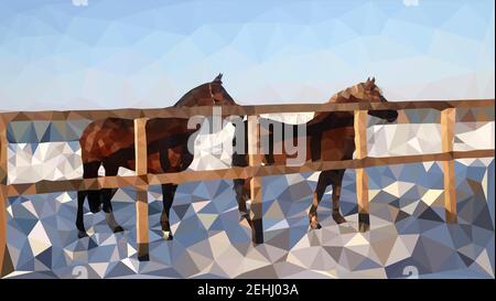 The horses in the corral walk in the snow Stock Vector