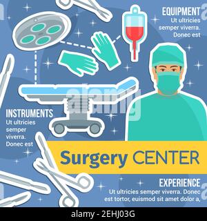 Surgery medicine poster of surgical medical center or hospital. Surgeon doctor, operating room equipments and instruments banner with operating table, Stock Vector
