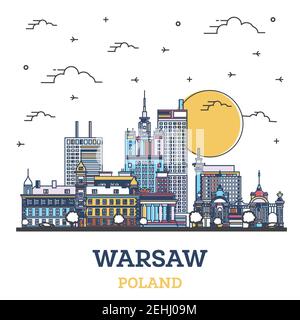 Outline Warsaw Poland City Skyline with Colored Modern Buildings Isolated on White. Vector Illustration. Warsaw Cityscape with Landmarks. Stock Vector