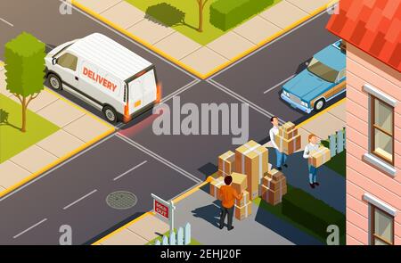 Moving people isometric urban composition with delivery service car and agents carrying goods in carton boxes vector illustration Stock Vector