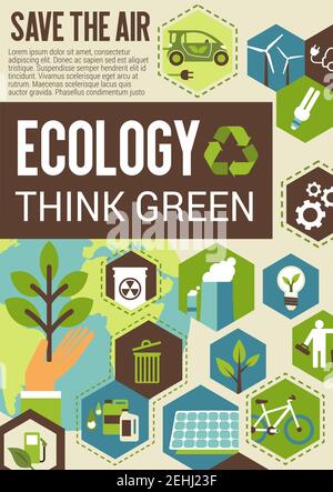 Think green ecology banner for environment protection concept. Recycle, green energy and air pollution prevention poster design with solar panel, wind Stock Vector