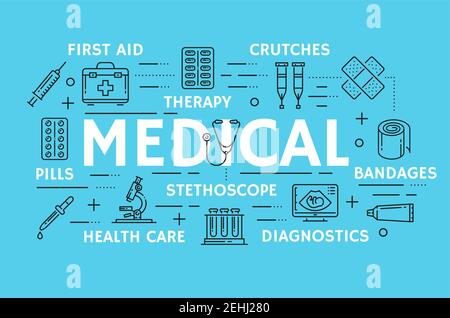 Medical thin line art symbols for medicine and pharmacy. Vector poster of first aid kit, pharmaceutical treatments x-ray, stethoscope or thermometer, Stock Vector