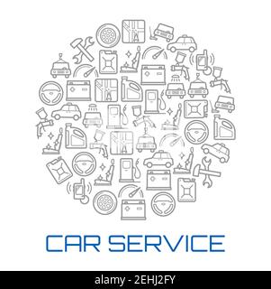 Car service poster with circle of auto repair shop and transportation thin line symbol. Car, wheel and tire, motor oil, car wash and speedometer, fuel Stock Vector