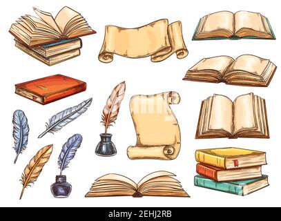 Old book and scroll with vintage feather pen and ink sketch set. Pile of retro book and antique parchment with empty page, colorful quill and inkwell Stock Vector