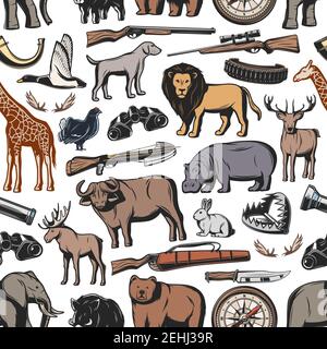 Hunting sport seamless pattern background with hunter rifle and wild animal. Weapon, gun and duck, deer, shotgun and compass, bear, lion and antler, d Stock Vector