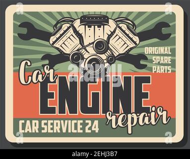 Car engine repair retro poster for garage station or mechanic service. Vector vintage design of motor valve spare parts, wrench or spanner for automob Stock Vector