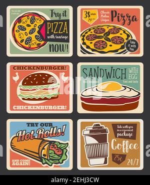 Fast food menu retro poster with takeaway dinner snack and drink. Burger, pizza and egg sandwich, hamburger, coffee and mexican burrito roll vintage c Stock Vector
