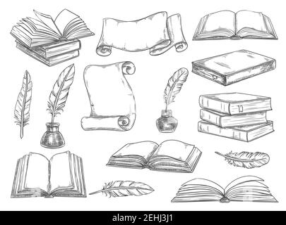 Old vintage books, retro ink quill pens and manuscripts sketch icons. Vector isolated set vintage book, writer writing stationery and inkwell for lite