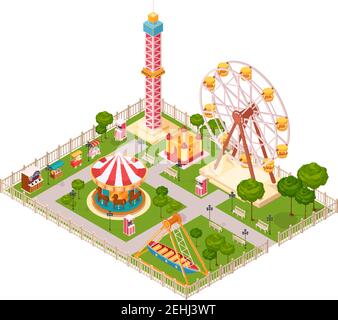 Amusement park  design concept with seesaw ferris wheel carousel and extreme family attraction isometric elements cartoon vector illustration Stock Vector