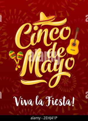 Mexican fiesta party greeting banner of Cinco de Mayo holiday. Puebla battle anniversary celebration poster, decorated by sombrero hat, maracas, guita Stock Vector