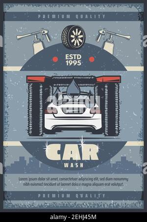 Car wash service vintage poster for auto washing station advertising design. Tunnel car wash with vehicle and rotating brush retro grunge banner, deco Stock Vector