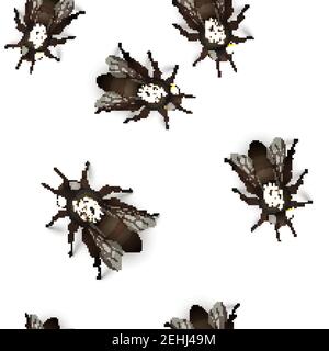 A lot of detailed realistic flies, insects on white seamless pattern Stock Vector