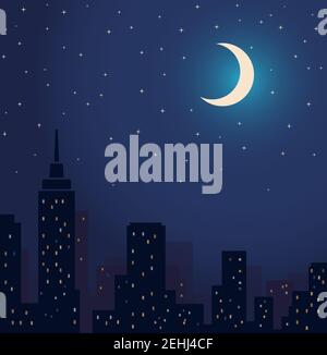 Silhouette of the City and Night With Stars and Moon at the Sky. Night Life. Silhouette of the City and Night With Stars and Moon at the Sky. Night Li Stock Vector