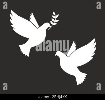 Black Silhouette of Flying Dove with Olive Twig Vector Icon Template Stock Vector