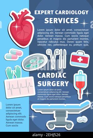 Cardiology medicine poster for heart health clinic and medical surgery. Vector design of cardiologist operating table, blood dropper or syringe and tr Stock Vector