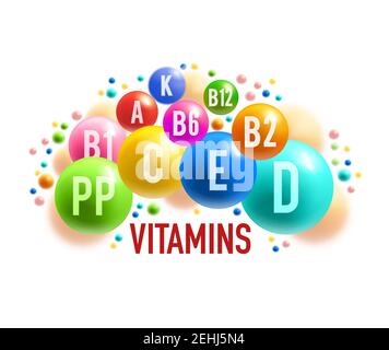 Vitamin and mineral complex banner of healthy food supplement. Colorful ball and pill of multivitamin medical poster for health care and pharmacy them Stock Vector