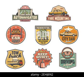 Car service retro icons for taxi or auto garage service. Vector navigator map, tire mounting and fitting of gas station, tow truck or wrecker and divi Stock Vector