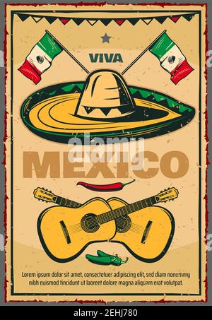 Viva Mexico retro poster for Cinco de Mayo holiday celebration. Mexican ...
