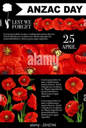 Anzac Day poster of red poppy flowers for 25 April Australian and New Zealand war remembrance anniversary. Vector design for Anzac Day Lest We Forget Stock Vector