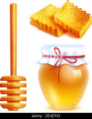 Honey realistic icons set with wooden dipper stick glass jar filled with yellow honey and honeycombs in shape of rectangle isolated vector illustratio Stock Vector