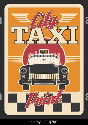 Taxi car retro poster for transportation service design. Yellow cab, vintage car of public transport old grunge banner, adorned with checkered pattern Stock Vector