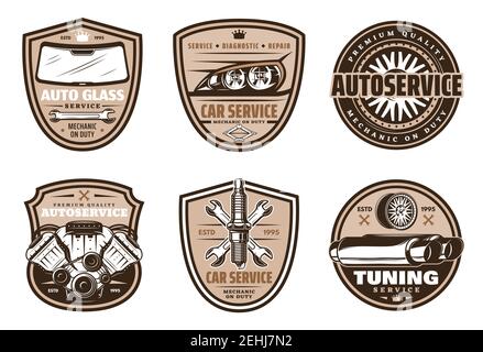 Auto service retro grunge badge of car diagnostic, repair and vehicle tuning. Car engine, tire and wheel, wrench, spark plug, glass and headlight vint Stock Vector