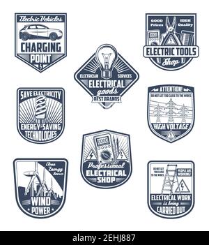 Electricity supply, electric service and energy saving vector icons. Electric tools, green power technology and electrician work shield for emblem des Stock Vector