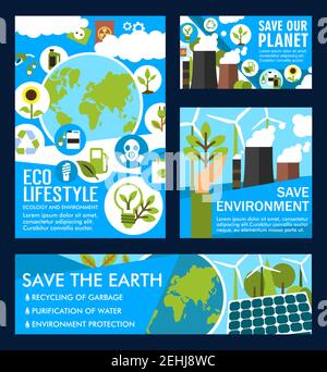 Save planet and stop pollution posters and banners design for energy saving and nature ecology conservation. Vector planet pollution and natural green Stock Vector
