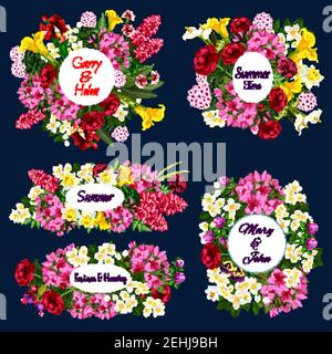 Save the Date floral icons for wedding invitation or greeting card. Vector design of flourish blooming spring roses, tulips and exotic orchids for mar Stock Vector