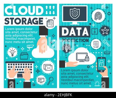 Cloud storage and data protection flat banners of information security and network connection technology design. Internet user with computer, laptop a Stock Vector