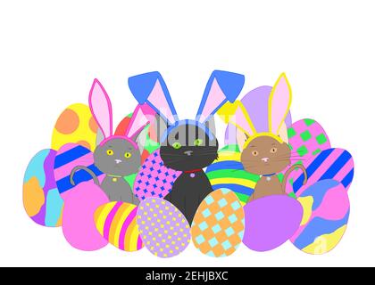 Illustration hand drawn cartoon of three adorable kittens wearing easter bunny ears surrounded by large colorfully decorated Easter eggs on white back Stock Photo