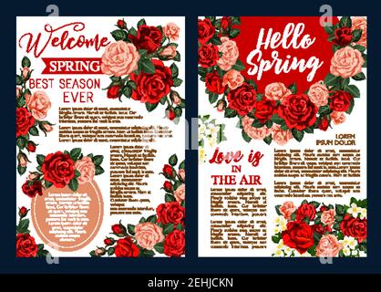 Rose flower wreath festive banner for Hello Spring season celebration design. Floral bouquet of red and pink rose flower, blooming jasmine branch with Stock Vector