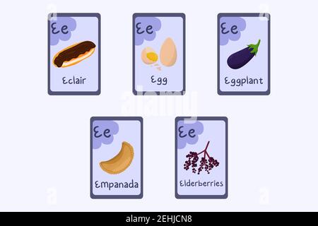 Colorful Phonics flashcard Letter E - eclair, egg, eggplant, empanada, elderberries. Food themed ABC cards for teaching reading with foods, vegetables, fruits and nuts. Series of ABC. Stock Vector