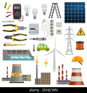 Electricity and power industry icons. Light bulb, plug and socket, battery, solar panel, wind turbine and pylon, screwdriver, cable and pliers, electr Stock Vector