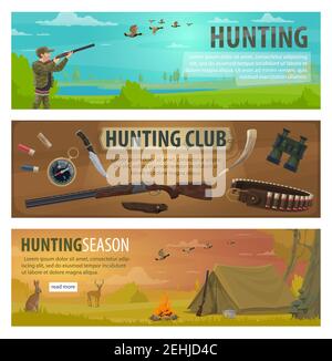 Hunting sport banners with hunter equipments and huntsman camp items. Hunter, rifle and duck, deer, shotgun and weapon, knife, cartridge belt and bino Stock Vector