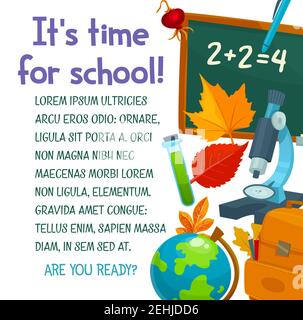 Back to School poster design for September autumn season. Vector school bag, books or paint brush and maple leaf, chemistry notebook or biology micros Stock Vector