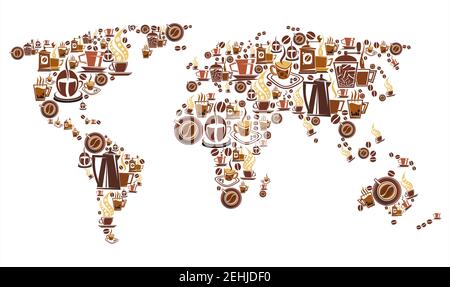 World of coffee poster with map of hot drink cup. Coffee pot, grinder and mug of espresso, cappuccino and latte beverage, bean and saucer brown symbol Stock Vector