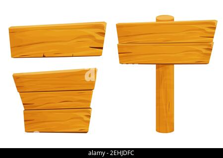 Set of wooden tablets, textured panels, signboard in cartoon style isolated on white background stock vector illustration. Rustic board, plank with pl Stock Vector