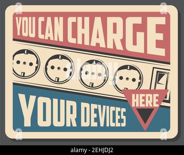 Power sockets on retro poster with charge your device here sign. Electrical outlet switches, electricity and wiring vintage placard. Electric gadgets Stock Vector