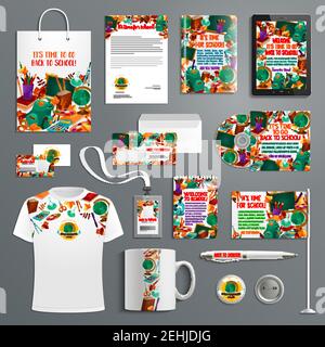Back to School branded stationery or education promo apparel supplies design template or advertising branding. Vector isolated set of t-shirt, badge a Stock Vector