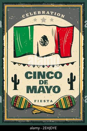 Cinco de Mayo mexican holiday retro banner for invitation template. Fiesta party maracas, flag of Mexico and cactus, decorated with festive bunting fo Stock Vector