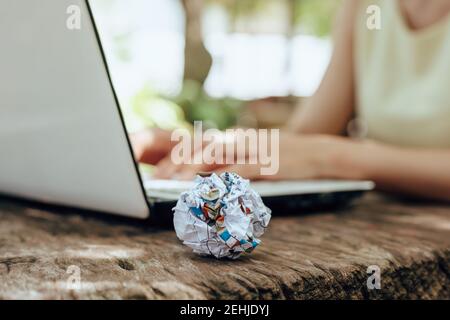 A Crumpled paper on the table. Fail, bad, no idea concept. Stock Photo