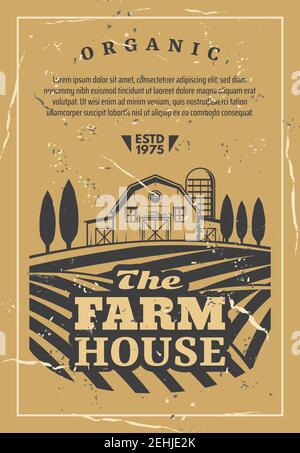 Farm house for organic products retro poster. Agriculture card with fields and rows of vegetables and wheat, barn among trees, orchard garden vector. Stock Vector