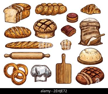 Bakery products and tools for work with dough. Wheat and rye bread, long baguette, sack of flour and cupcake, wooden cutting board with rolling pin an Stock Vector