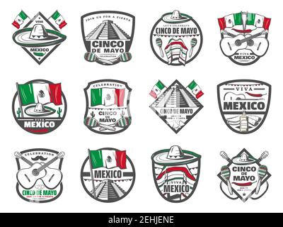 Cinco de Mayo icons for Mexican holiday celebration and greeting card design. Vector sketch set of Mexico flag, sombrero or poncho and maracas, Cinco Stock Vector