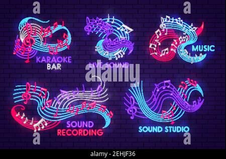 Music neon light sign of musical note for sound studio, live jazz concert and karaoke bar signboard design. Bright shining note, treble clef and stave Stock Vector